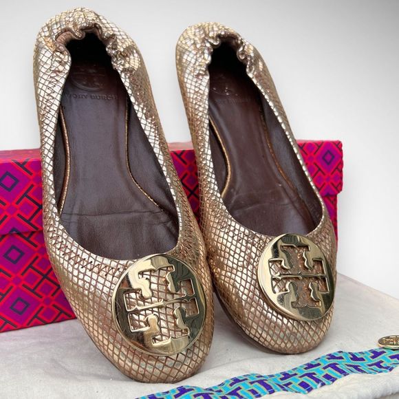 Tory Burch Gold Snakeskin Embossed Leather Reva Logo Ballerina Flats Sz 7(M) - Picture 4 of 14